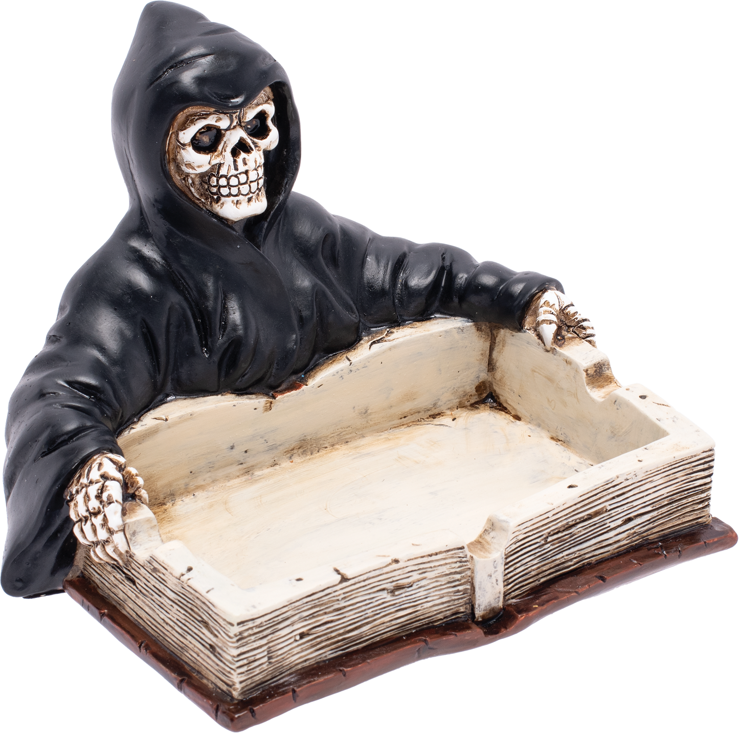 Grim Reaper Book Fujima Ashtray – Gothic Resin Ashtray with Skeleton Design, Durable & Easy to Clean, Unique Dark Decor for Home, Patio, or Altar