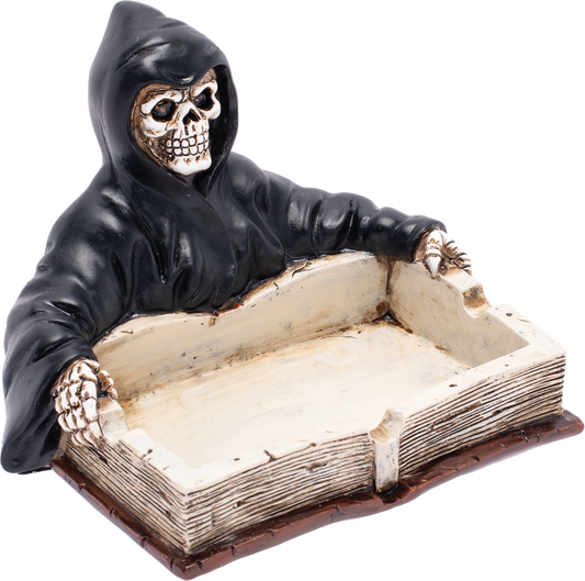 Grim Reaper Book Fujima Ashtray – Gothic Resin Ashtray with Skeleton Design, Durable & Easy to Clean, Unique Dark Decor for Home, Patio, or Altar