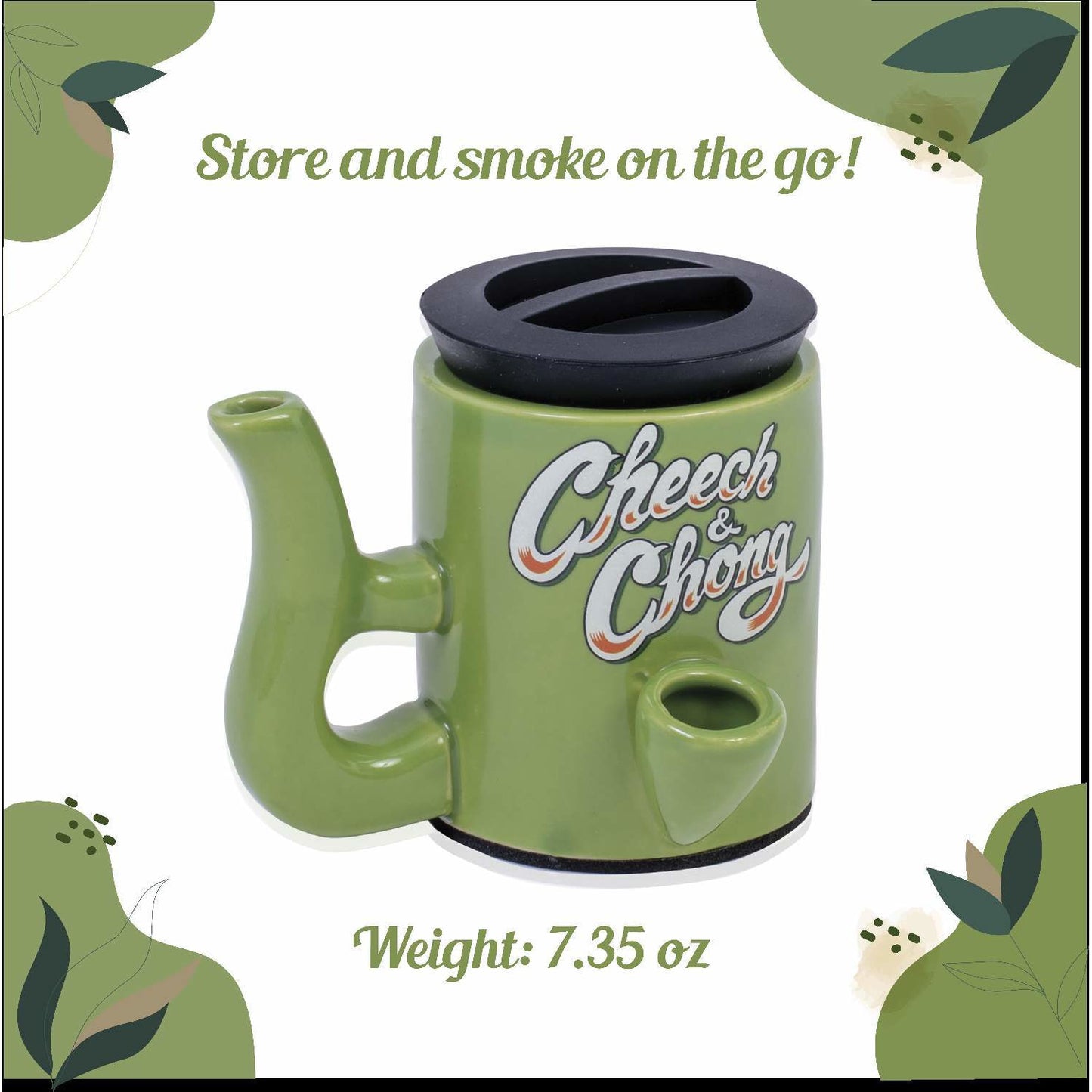Cheech and Chong Ceramic Storage Jar & Pipe - Dual-Function, | Storage Jars with Pipe | Containers | Canisters - 3oz Stache Jar Design (Grey)