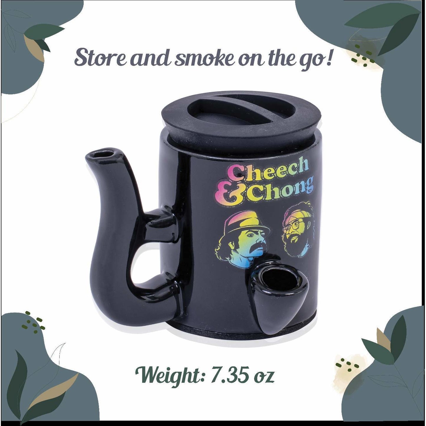 Cheech and Chong Ceramic Storage Jar & Pipe - Dual-Function, | Storage Jars with Pipe | Containers | Canisters - 3oz Stache Jar Design (Grey)