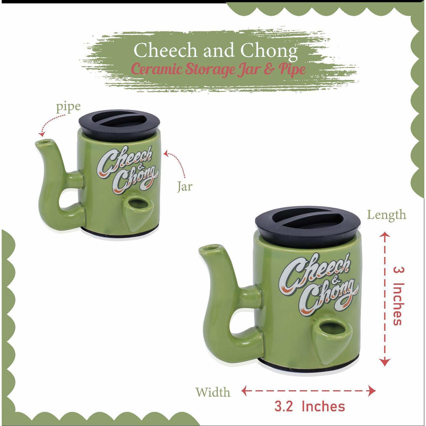 Cheech and Chong Ceramic Storage Jar & Pipe - Dual-Function, | Storage Jars with Pipe | Containers | Canisters - 3oz Stache Jar Design (Grey)