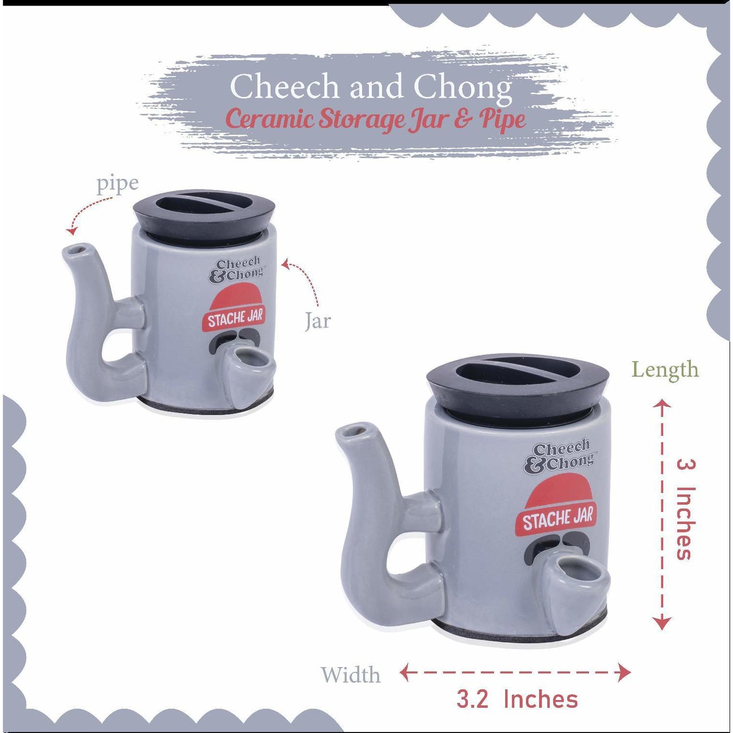 Cheech and Chong Ceramic Storage Jar & Pipe - Dual-Function, | Storage Jars with Pipe | Containers | Canisters - 3oz Stache Jar Design (Grey)
