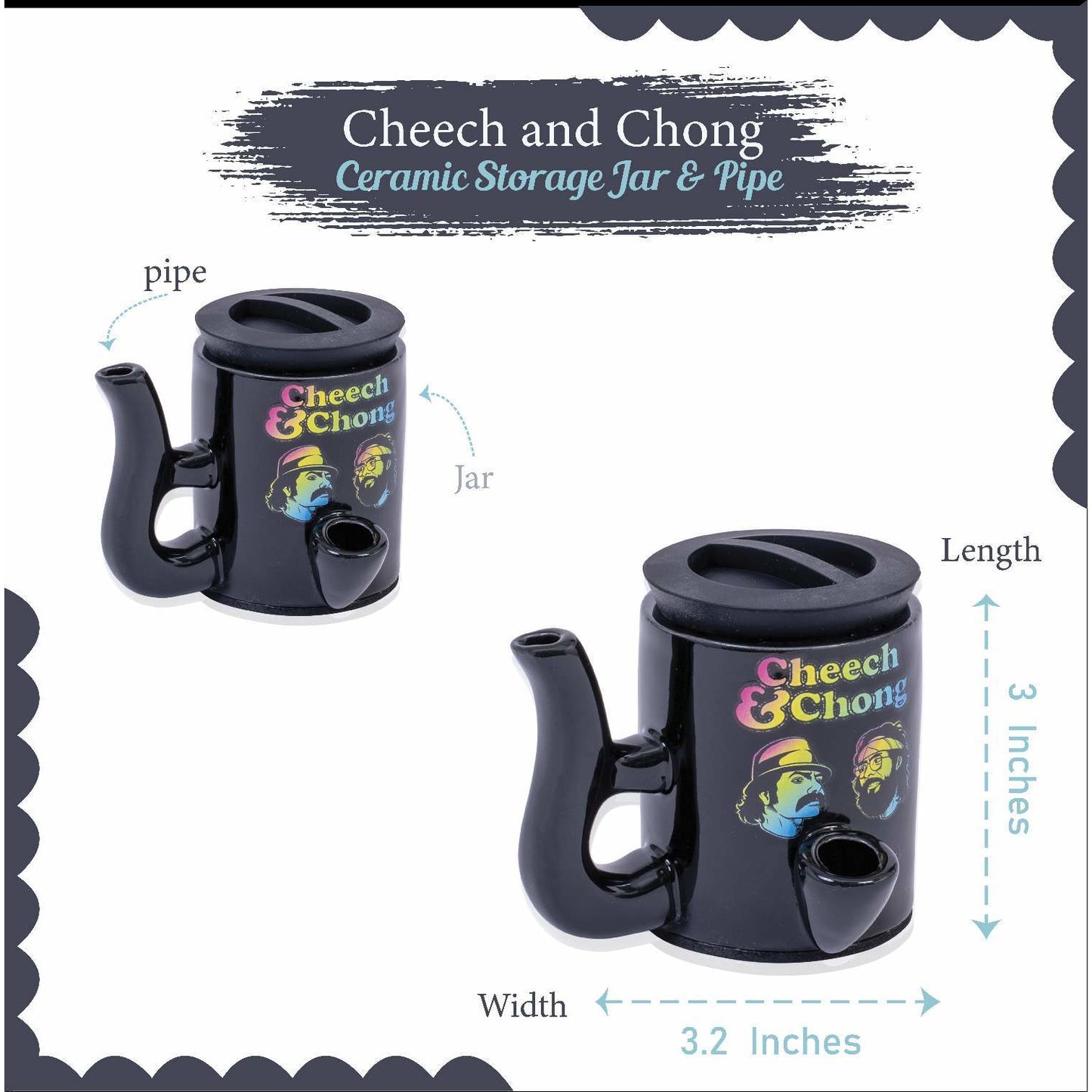 Cheech and Chong Ceramic Storage Jar & Pipe - Dual-Function, | Storage Jars with Pipe | Containers | Canisters - 3oz Stache Jar Design (Grey)