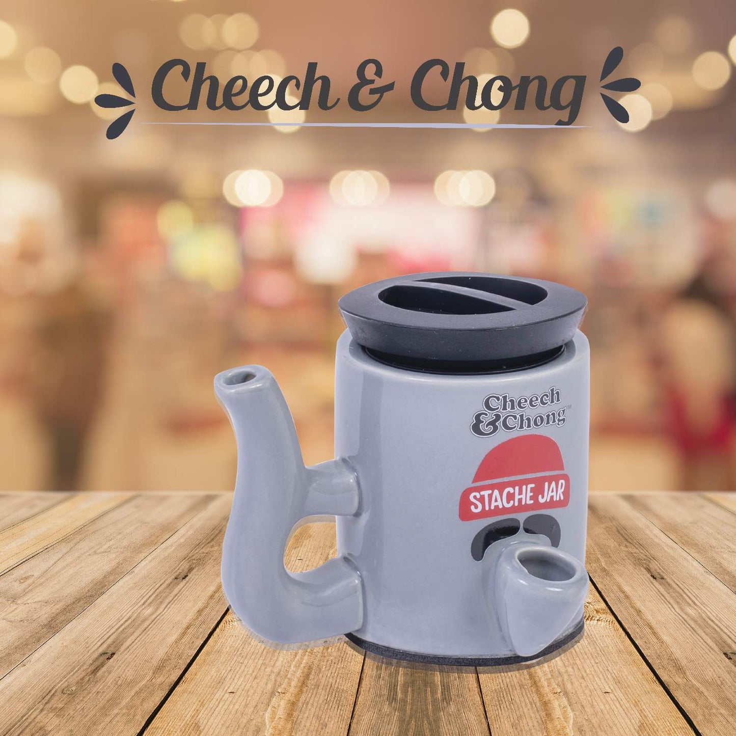 Cheech and Chong Ceramic Storage Jar & Pipe - Dual-Function, | Storage Jars with Pipe | Containers | Canisters - 3oz Stache Jar Design (Grey)