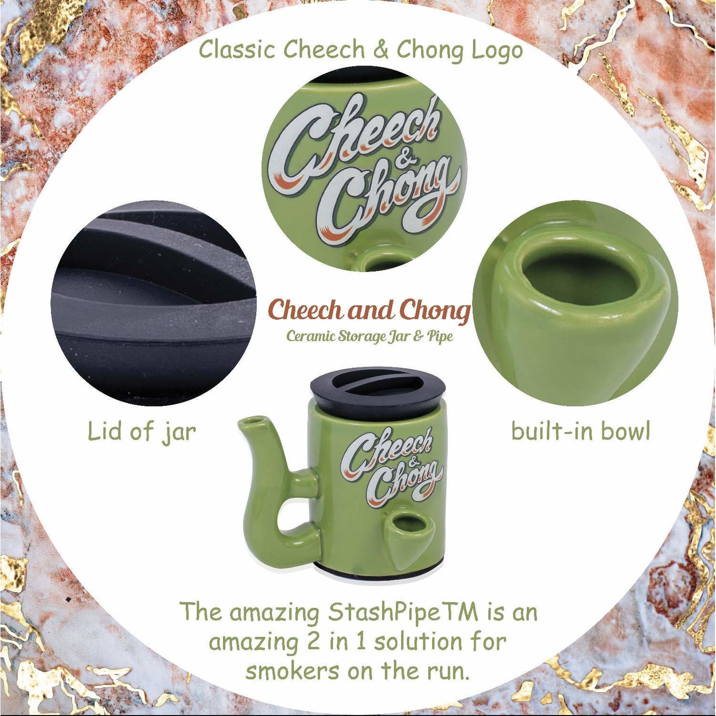 Cheech and Chong Ceramic Storage Jar & Pipe - Dual-Function, | Storage Jars with Pipe | Containers | Canisters - 3oz Stache Jar Design (Grey)