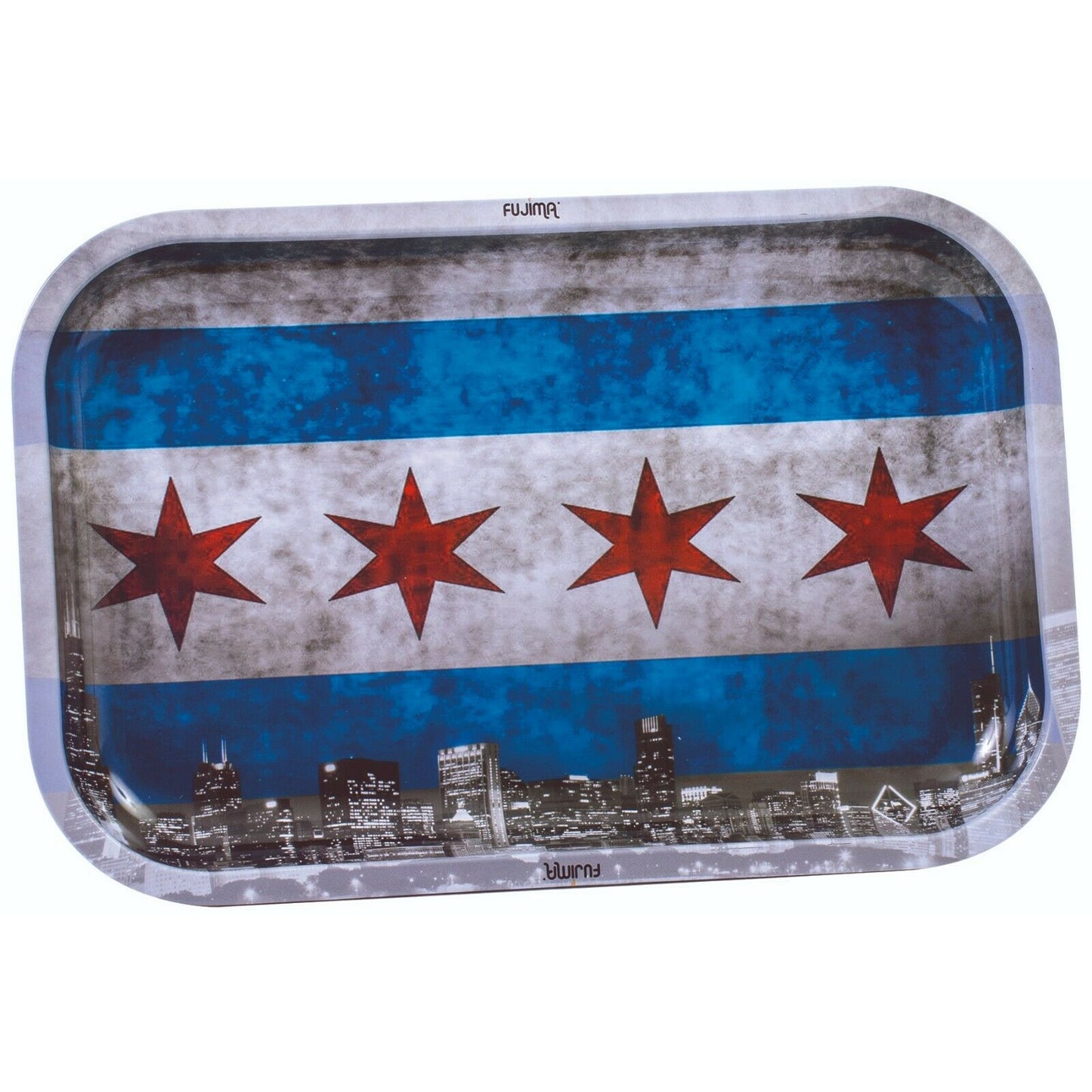 Premium Metal Rolling Tray - Lightweight, Curved Edges, and Smooth Surface - Elegant and Sleek with Beautiful Print - Portable & Travel Size Tray - Perfect Herb Accessories - Chicago Flag with Skyline 2