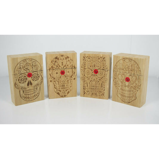 Push Open Plastic Cigarette Cases Pack of 12 - King’s Size Wooden Finish Sugar Skull Cigarette Holder - Compact and Portable - Durable Hard Plastic Box with Push Open Lid - Crush-Proof & Sturdy