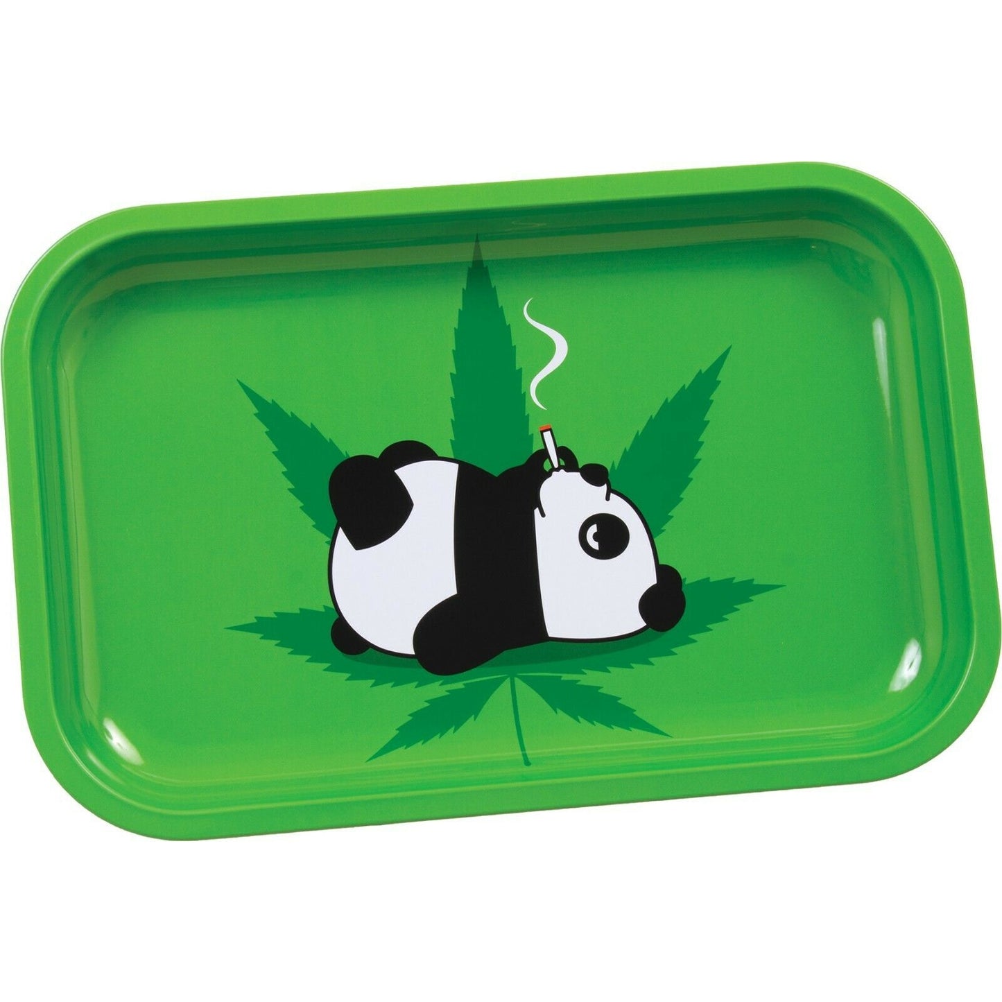 Premium Metal Rolling Tray - Lightweight, Curved Edges, & Smooth Surface - Elegant and Sleek with Green Print - Portable & Travel Size Tray - Perfect Herb Accessories - Smoking Panda with Leaf