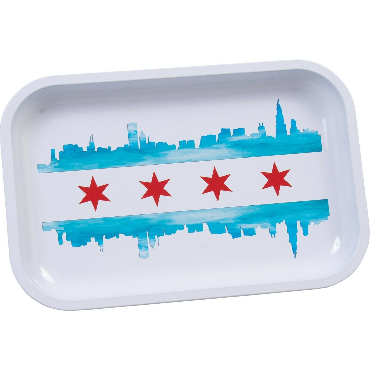 Premium Metal Rolling Tray - Lightweight, Curved Edges, and Smooth Surface - Elegant and Sleek with Beautiful Print - Portable & Travel Size Tray - Perfect Herb Accessories - Chicago Flag with Skyline