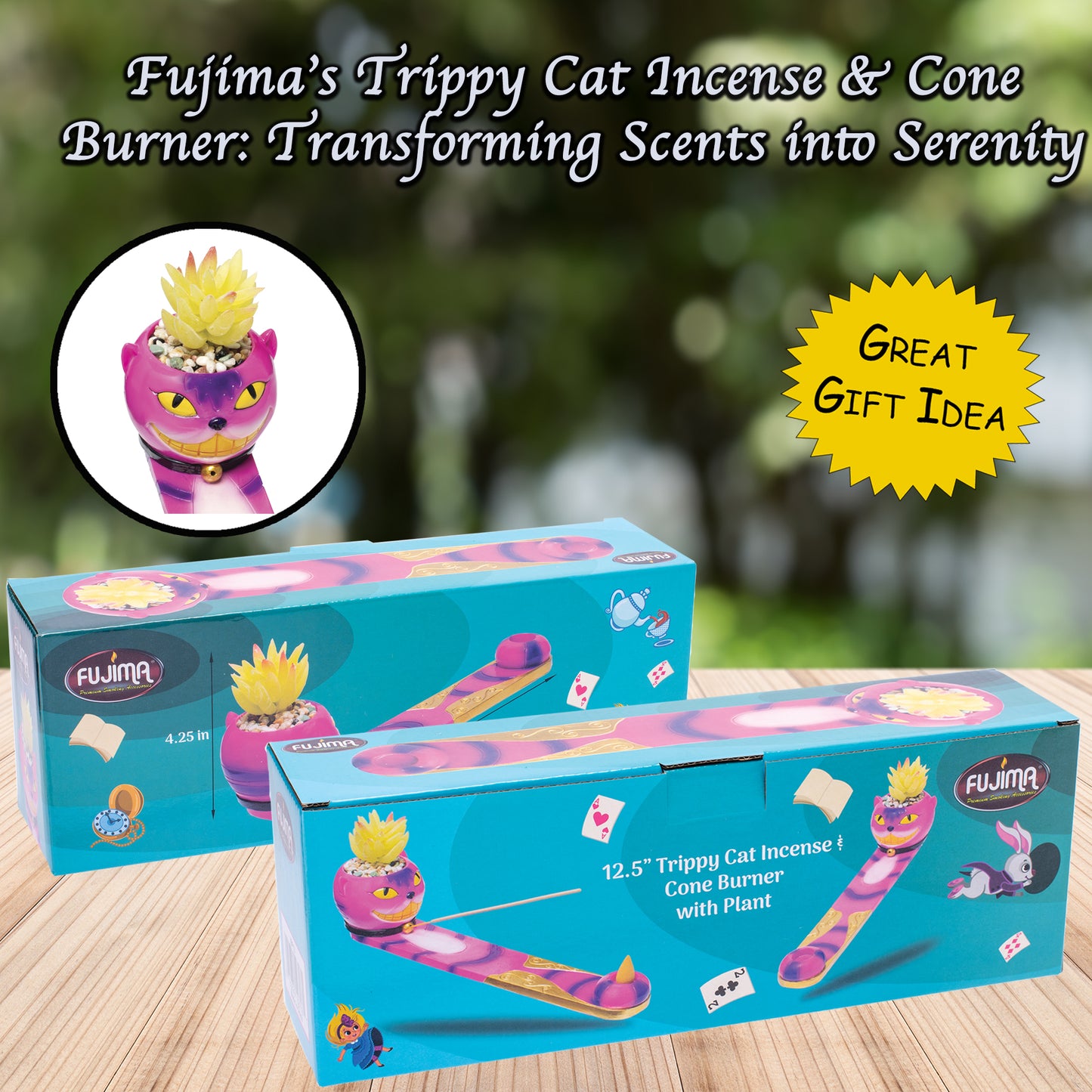 Trippy Cat Incense & Cone Burner with Plant Design by Fujima - 12 inches, Aromatherapy, Handcrafted, Durable, and Versatile