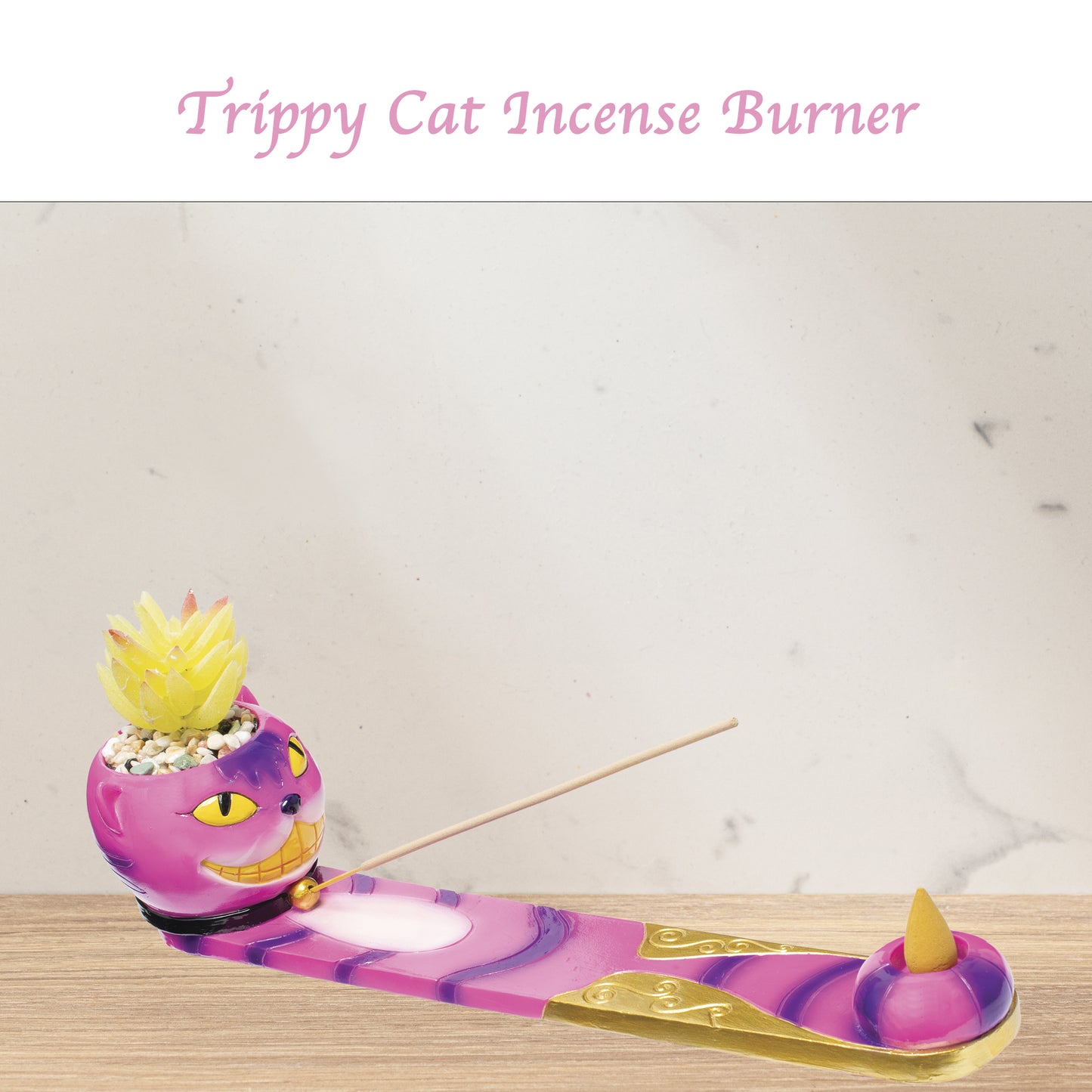 Trippy Cat Incense & Cone Burner with Plant Design by Fujima - 12 inches, Aromatherapy, Handcrafted, Durable, and Versatile