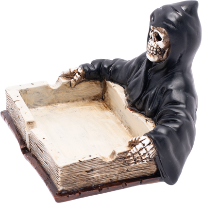 Grim Reaper Book Fujima Ashtray – Gothic Resin Ashtray with Skeleton Design, Durable & Easy to Clean, Unique Dark Decor for Home, Patio, or Altar