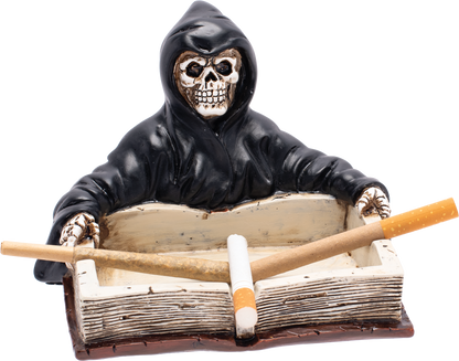 Grim Reaper Book Fujima Ashtray – Gothic Resin Ashtray with Skeleton Design, Durable & Easy to Clean, Unique Dark Decor for Home, Patio, or Altar