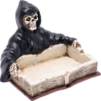 Grim Reaper Book Fujima Ashtray – Gothic Resin Ashtray with Skeleton Design, Durable & Easy to Clean, Unique Dark Decor for Home, Patio, or Altar