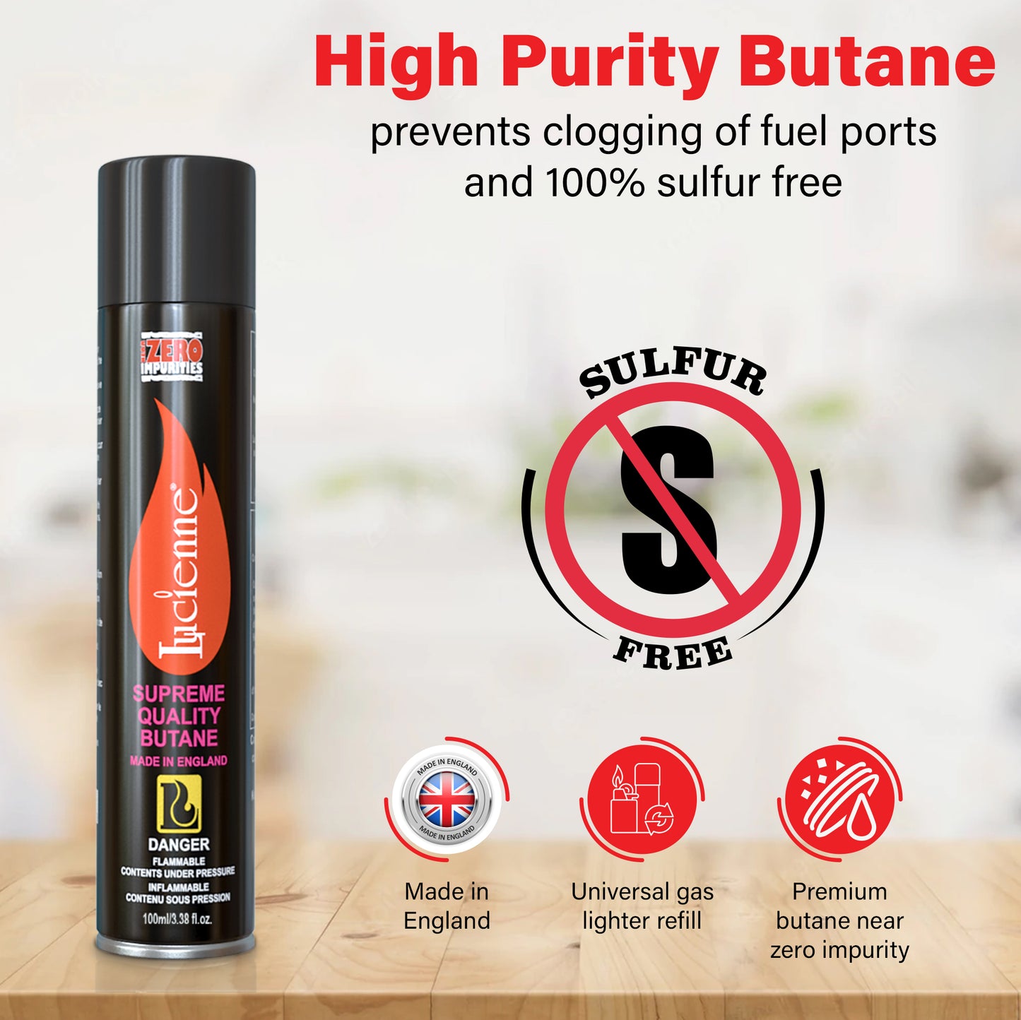 Lucienne Ultra-Refined Butane Fuel - Pure-Butane Refill Fluid for Torch with Nozzle - Plastic Tip to Prevent Leakage - Sulfur-Free Lighter Gas Refill for A Efficient Burn (100 ml, 3 Pack, 6 Pack, 12 Pack)