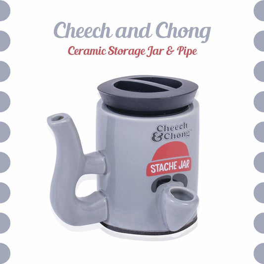 Cheech and Chong Ceramic Storage Jar & Pipe - Dual-Function, | Storage Jars with Pipe | Containers | Canisters - 3oz Stache Jar Design (Grey)