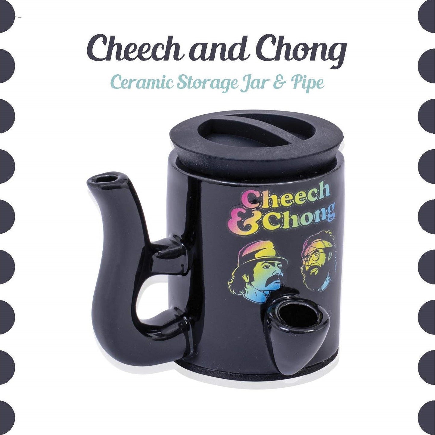 Cheech and Chong Ceramic Storage Jar & Pipe - Dual-Function, | Storage Jars with Pipe | Containers | Canisters - 3oz Stache Jar Design (Grey)