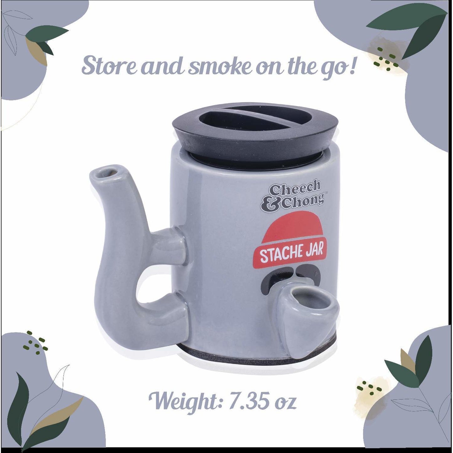 Cheech and Chong Ceramic Storage Jar & Pipe - Dual-Function, | Storage Jars with Pipe | Containers | Canisters - 3oz Stache Jar Design (Grey)