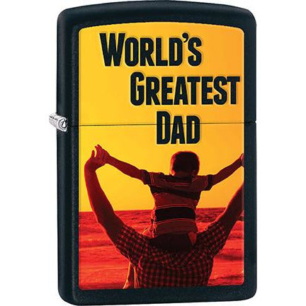 Zippo Windproof Metal Design Fire Lighter - Lifetime Refillable, Reusable Lighter for Smokers – Genuine Premium, Durable, Heavy Quality Chrome Finish Case - "World's Greatest Dad" on Yellow & Red Background.