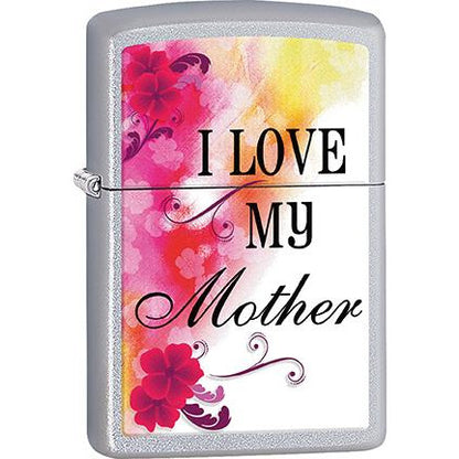 Zippo Windproof Metal Design Fire Lighter - Lifetime Refillable, Reusable Lighter for Smokers – Genuine Premium, Durable, Heavy Quality Chrome Finish Case - "I Love My Mother" with Pink & Yellow Flowers on Chrome.