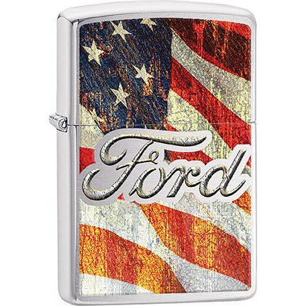 Zippo Windproof Metal Design Fire Lighter - Lifetime Refillable, Reusable Lighter for Smokers – Genuine Premium, Durable, Heavy Quality Chrome Finish Case - Ford Font on American Flag.