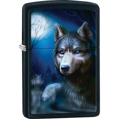 Zippo Windproof Metal Design Fire Lighter - Lifetime Refillable, Reusable Lighter for Smokers – Genuine Premium, Durable, Heavy Quality Chrome Finish Case - Wolf with Blue Eyes in Moonlight