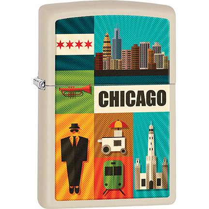 Zippo Windproof Metal Design Fire Lighter - Lifetime Refillable, Reusable Lighter for Smokers – Genuine Premium, Durable, Heavy Quality Chrome Finish Case - Collage with Chicago Skyline, Flag, and Business.