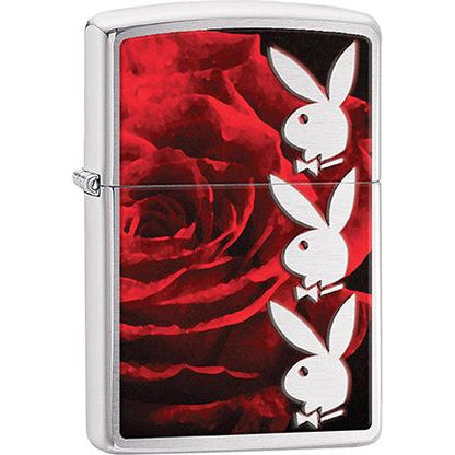 Zippo Windproof Metal Design Fire Lighter - Lifetime Refillable, Reusable Lighter for Smokers – Genuine Premium, Durable, Heavy Quality Chrome Finish Case - 3 Playboy Bunnies on a Red Rose