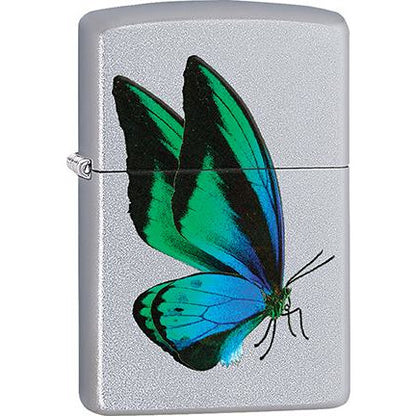 Zippo Windproof Metal Design Fire Lighter - Lifetime Refillable, Reusable Lighter for Smokers – Genuine Premium, Durable, Heavy Quality Chrome Finish Case - Blue and Green Butterfly on Silver Base