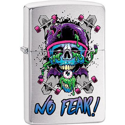 Zippo Windproof Metal Design Fire Lighter - Lifetime Refillable, Reusable Lighter for Smokers – Genuine Premium, Durable, Heavy Quality Chrome Finish Case - "No Fear" Colorful Skateboard Skull