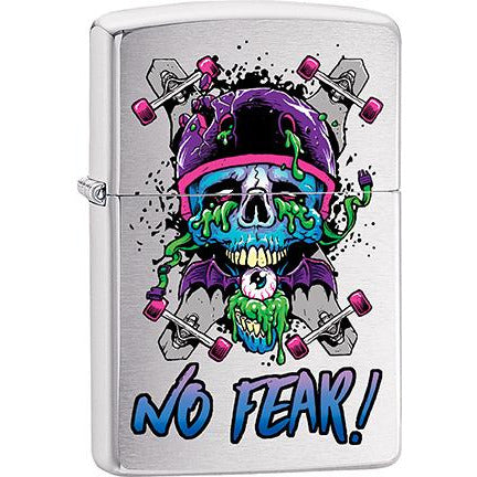 Zippo Windproof Metal Design Fire Lighter - Lifetime Refillable, Reusable Lighter for Smokers – Genuine Premium, Durable, Heavy Quality Chrome Finish Case - "No Fear" Colorful Skateboard Skull