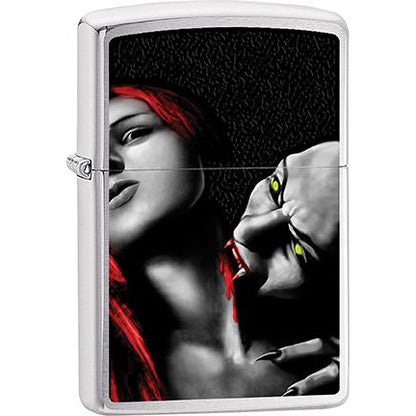 Zippo Windproof Metal Design Fire Lighter - Lifetime Refillable, Reusable Lighter for Smokers – Genuine Premium, Durable, Heavy Quality Chrome Finish Case - Vampire Sucking Blood From Neck