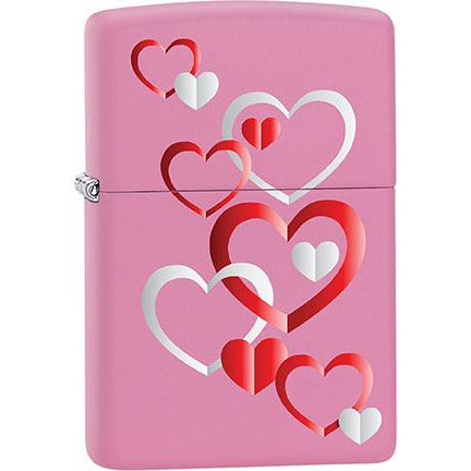 Zippo Windproof Metal Design Fire Lighter - Lifetime Refillable, Reusable Lighter for Smokers – Genuine Premium, Durable, Heavy Quality Chrome Finish Case - Red & White Hearts on Pink