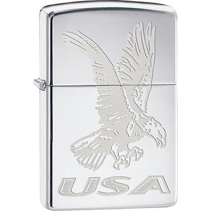 Zippo Windproof Metal Design Fire Lighter - Lifetime Refillable, Reusable Lighter for Smokers – Genuine Premium, Durable, Heavy Quality Chrome Finish Case - Laser Eagle USA on Brushed Chrome.