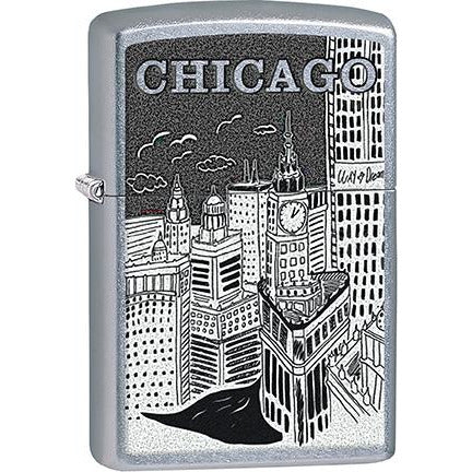 Zippo Windproof Metal Design Fire Lighter - Lifetime Refillable, Reusable Lighter for Smokers – Genuine Premium, Durable, Heavy Quality Chrome Finish Case - Black & White Chicago City Skyline