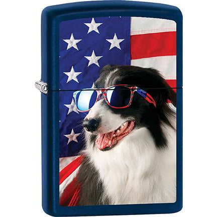 Zippo Windproof Metal Design Fire Lighter - Lifetime Refillable, Reusable Lighter for Smokers – Genuine Premium, Durable, Heavy Quality Chrome Finish Case - Dog Wearing Sunglasses with Flag Background.