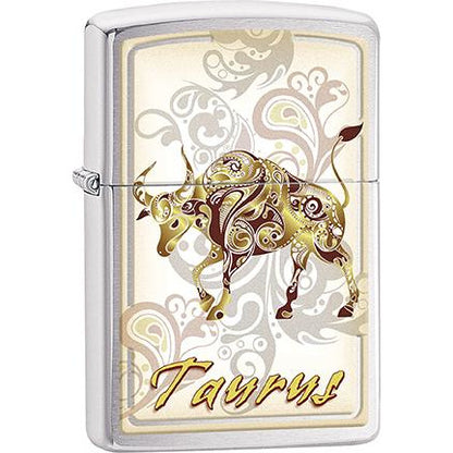 Zippo Windproof Metal Design Fire Lighter - Lifetime Refillable, Reusable Lighter for Smokers – Genuine Premium, Durable, Heavy Quality Chrome Finish Case - Taurus