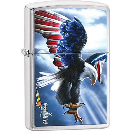 Zippo Windproof Metal Design Fire Lighter - Lifetime Refillable, Reusable Lighter for Smokers – Genuine Premium, Durable, Heavy Quality Chrome Finish Case - Mazzi Eagle with U.S. Flag Wings.