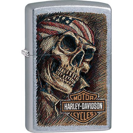 Zippo Windproof Metal Design Fire Lighter - Lifetime Refillable, Reusable Lighter for Smokers – Genuine Premium, Durable, Heavy Quality Chrome Finish Case - Harley-Davidson Skull and Flag