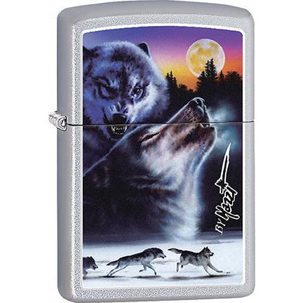 Zippo Windproof Metal Design Fire Lighter - Lifetime Refillable, Reusable Lighter for Smokers – Genuine Premium, Durable, Heavy Quality Chrome Finish Case - Mazzi Wolves in Sunset