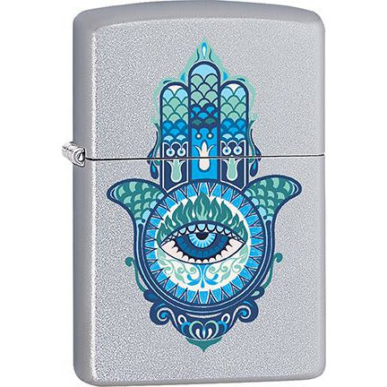 Zippo Windproof Metal Design Fire Lighter - Lifetime Refillable, Reusable Lighter for Smokers – Genuine Premium, Durable, Heavy Quality Chrome Finish Case - Hamsa Hand Blues