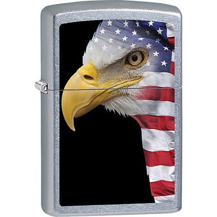 Zippo Windproof Metal Design Fire Lighter - Lifetime Refillable, Reusable Lighter for Smokers – Genuine Premium, Durable, Heavy Quality Chrome Finish Case - Bald Eagle Head U.S. Flag on Black Background.