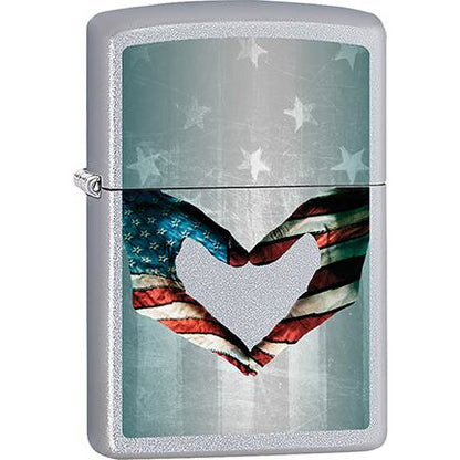 Zippo Windproof Metal Design Fire Lighter - Lifetime Refillable, Reusable Lighter for Smokers – Genuine Premium, Durable, Heavy Quality Chrome Finish Case - Hands Heart U.S. Flag