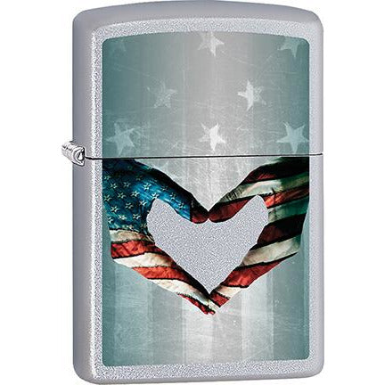 Zippo Windproof Metal Design Fire Lighter - Lifetime Refillable, Reusable Lighter for Smokers – Genuine Premium, Durable, Heavy Quality Chrome Finish Case - Hands Heart U.S. Flag