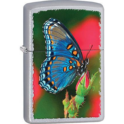 Zippo Windproof Metal Design Fire Lighter - Lifetime Refillable, Reusable Lighter for Smokers – Genuine Premium, Durable, Heavy Quality Chrome Finish Case - Blue and Orange Butterfly on Pink Roses