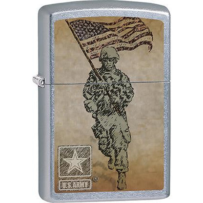 Zippo Windproof Metal Design Fire Lighter - Lifetime Refillable, Reusable Lighter for Smokers – Genuine Premium, Durable, Heavy Quality Chrome Finish Case - Army Soldier holding U.S. Flag