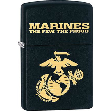 Zippo Windproof Metal Design Fire Lighter - Lifetime Refillable, Reusable Lighter for Smokers – Genuine Premium, Durable, Heavy Quality Chrome Finish Case - "Marines, The Few The Proud" on a Black Lighter