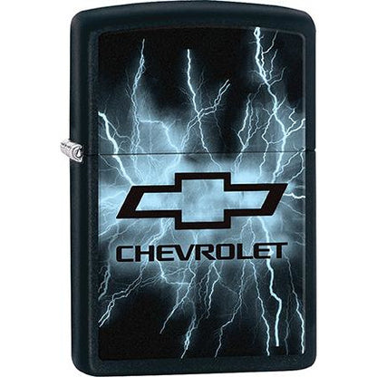 Zippo Windproof Metal Design Fire Lighter - Lifetime Refillable, Reusable Lighter for Smokers – Genuine Premium, Durable, Heavy Quality Chrome Finish Case - Black Chevy Logo with Blue Lightning on Black Base.