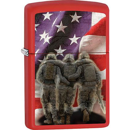 Zippo Windproof Metal Design Fire Lighter - Lifetime Refillable, Reusable Lighter for Smokers – Genuine Premium, Durable, Heavy Quality Chrome Finish Case - Wounded Soldiers & U.S. Flag on Red Base.