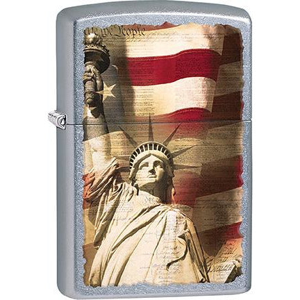 Zippo Windproof Metal Design Fire Lighter - Lifetime Refillable, Reusable Lighter for Smokers – Genuine Premium, Durable, Heavy Quality Chrome Finish Case - Statue Of Liberty & U.S. Flag